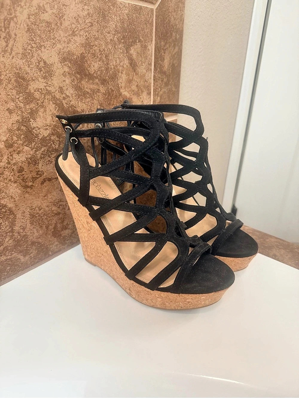 ShoeDazzle Black & Brown Strappy Wedge Sandals
